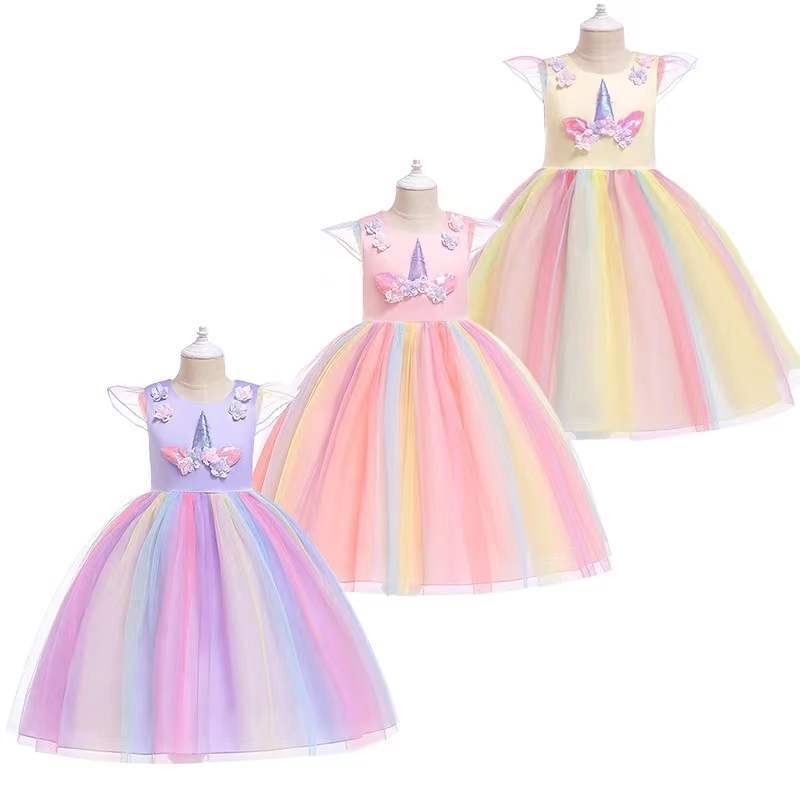 2023 Girls' Unicorn Princess Dress - Summer Tulle Flutter Sleeve Frocks