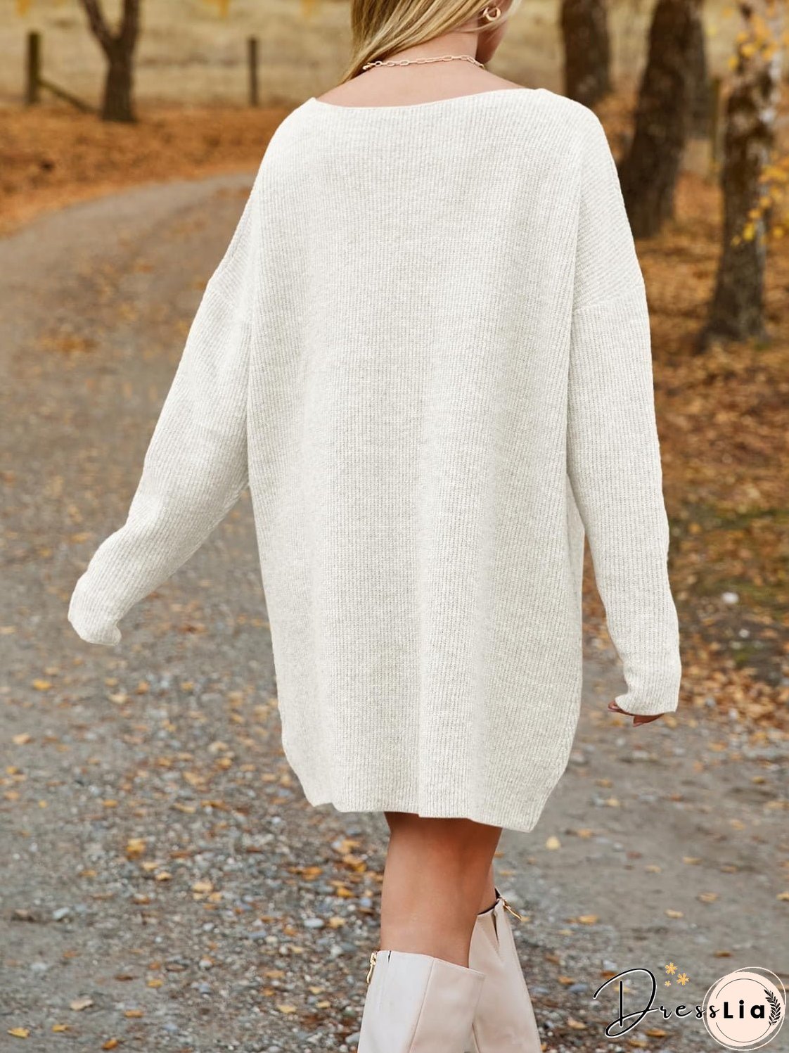 V-Neck Dropped Shoulder Sweater Dress