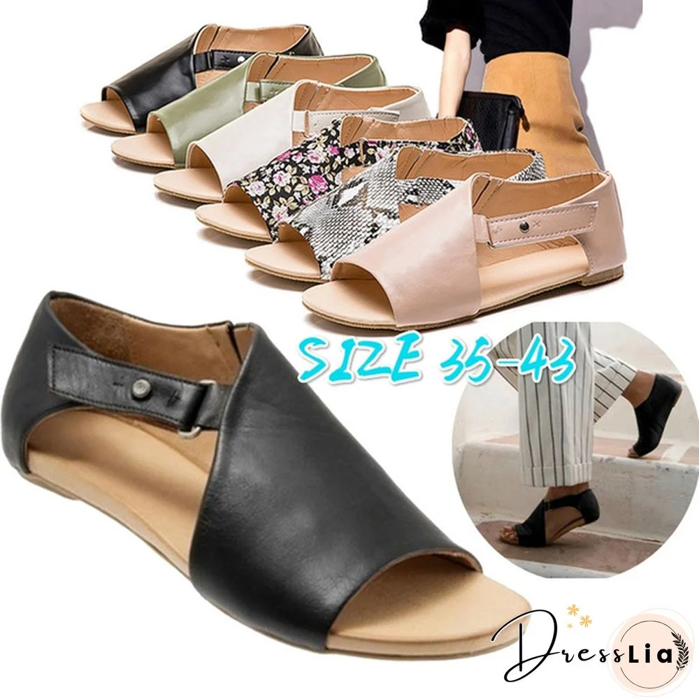 Plus Size Fashion Women's Leather Flat Sandals Buckle Strap Slippers Fish Mouth Shoes