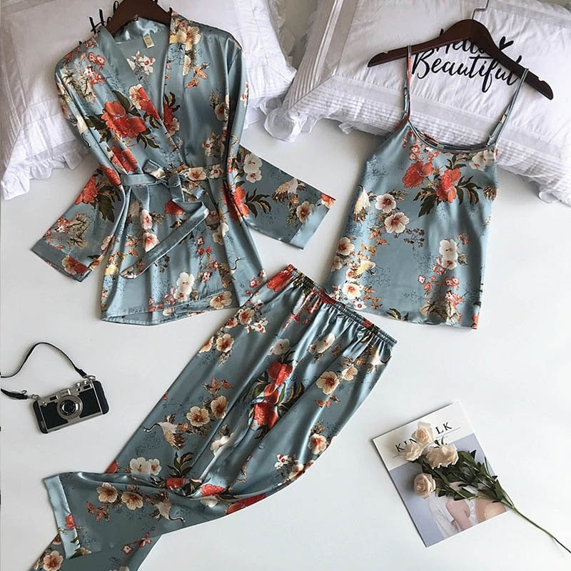 3PCS Women Pajamas Set Lady Emulation Silk Pyjama Sets Flower Sleepwear Female Leopard Satin Homewear With Removable Padded