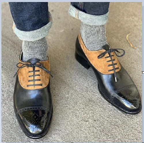 Handmade Mens Two tone Oxfords brogue dress shoes, Men brogue formal shoes
