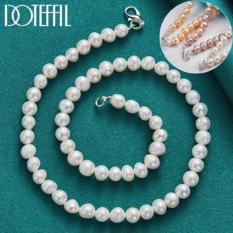 DOTEFFIL 7-8mm Natural Freshwater Pearl Chain Necklace 925 Silver Lobster Clasp For Woman Man Jewelry