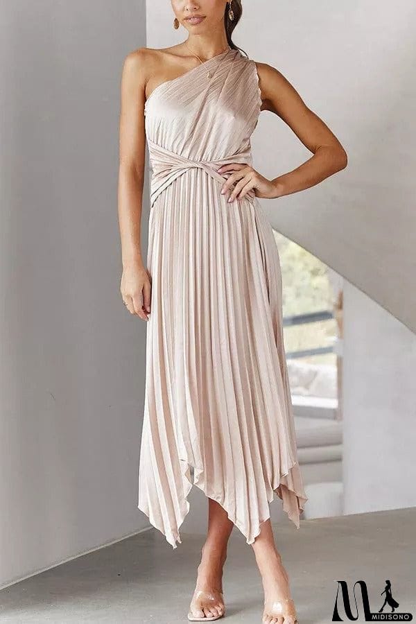 MidiSono - Satin One Shoulder Pleated Midi Dress