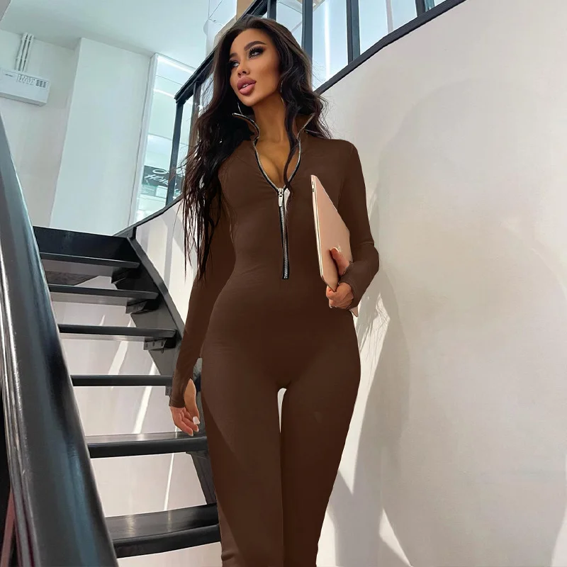 Brownm Brownm Women's Solid Color Long Sleeve Zip Waist Show Slim Sports Yoga Jumpsuit