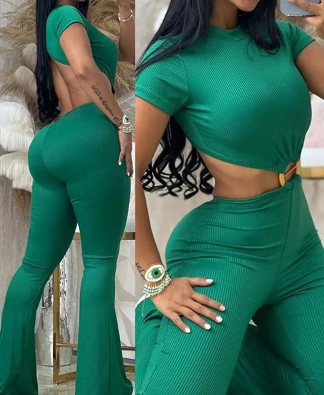 Wongn Wongn 2023 Women's Sexy Round Collar Open Back Slim And Hip Solid Color Jumpsuit Sportswear
