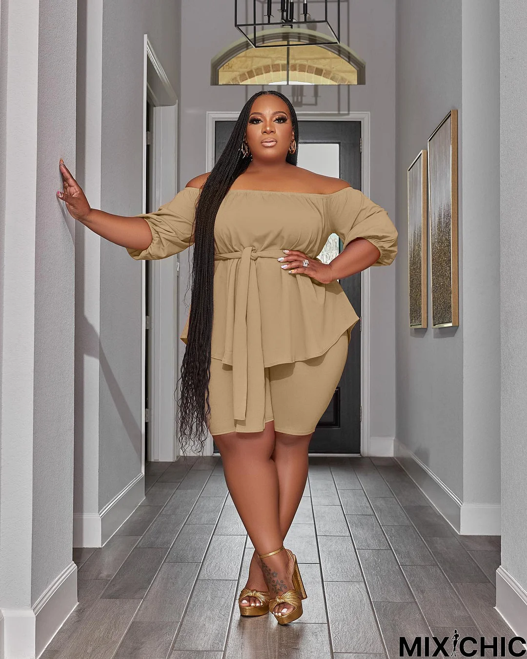 Plus Size Women Off Shoulder Solid Top and Shorts Casual Two-Piece Set