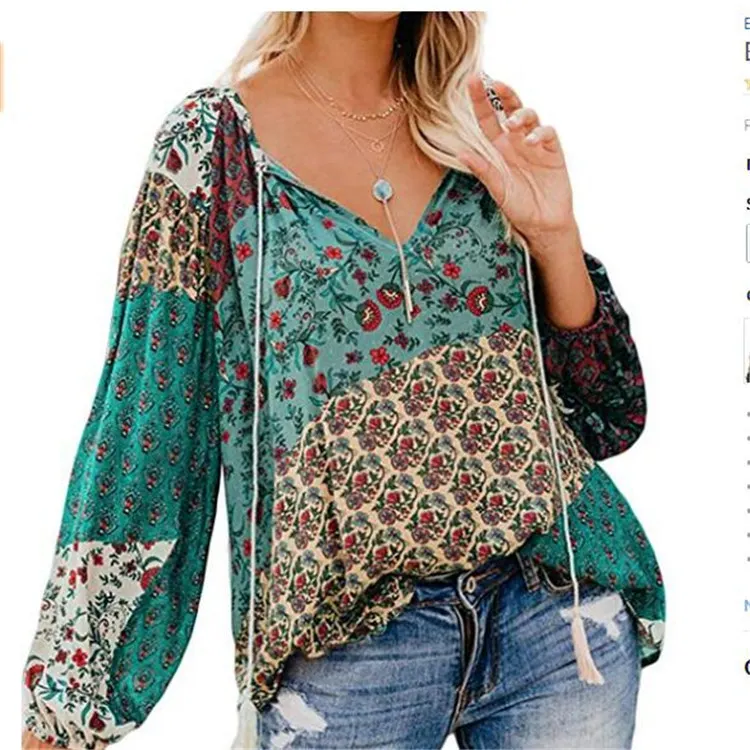 Churchf Churchf Autumn Floral Print Big V-Neck Long Sleeve Shirt Loose Rope Shirt Jacket Female