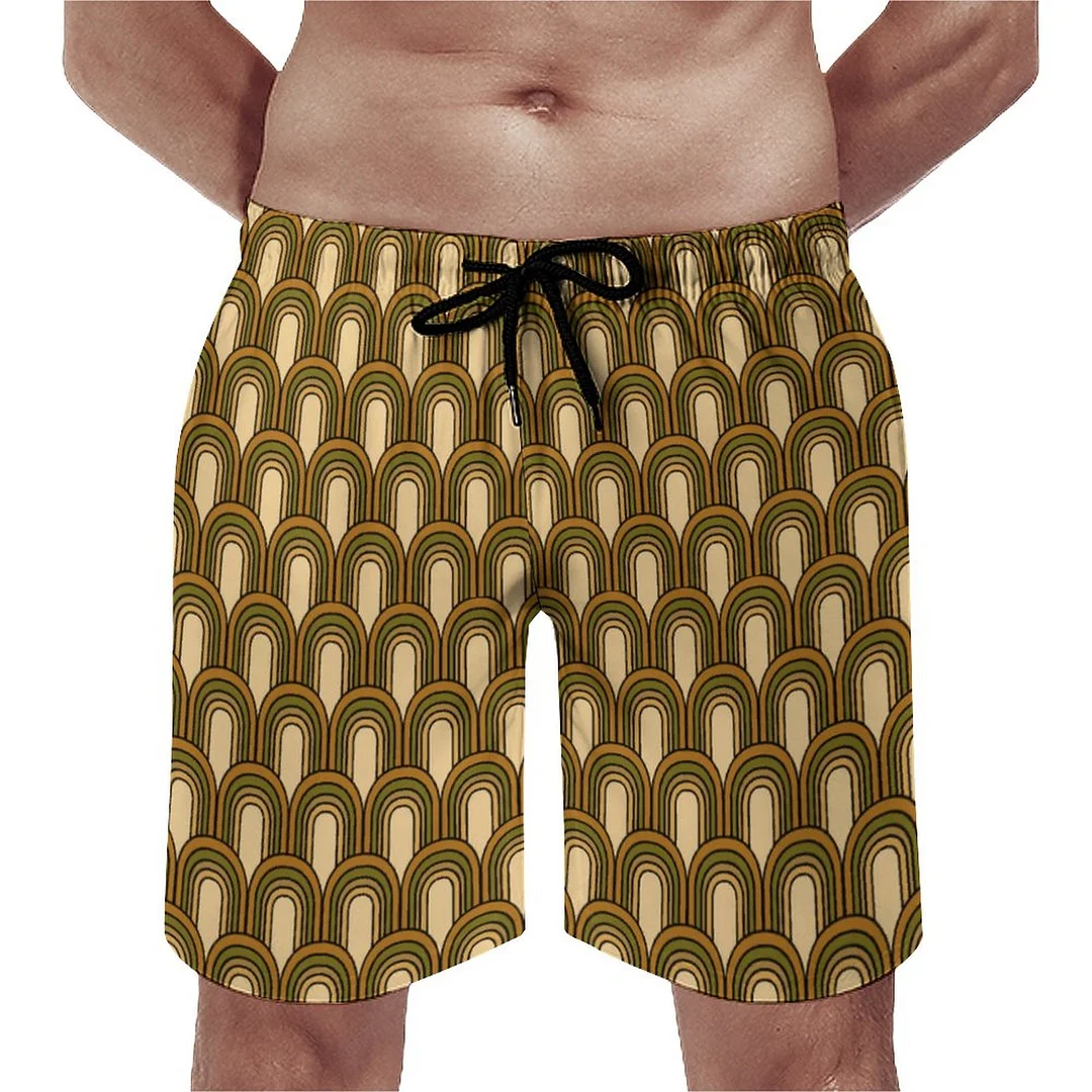 1970S Vintage Arches Repeating Men's Swim Trunks Summer Board Shorts Quick Dry Beach Short with Pockets