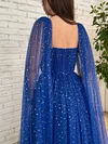 Dark Cobalt Royal Blue Sparkling Gold Stars Prom Dress Draped Corset Bodice Starry Pattern Tulle Cape Robe Wedding Guest With Pockets