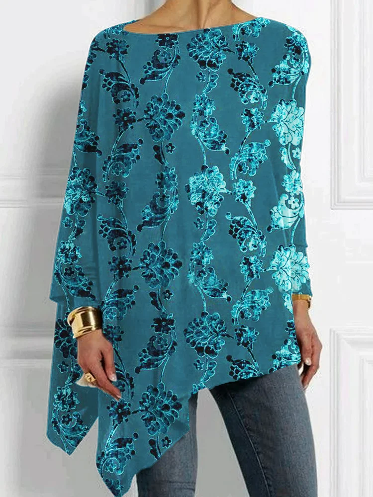 Comstylish Turquoise Floral Velvet Art Bat Sleeve T Shirt