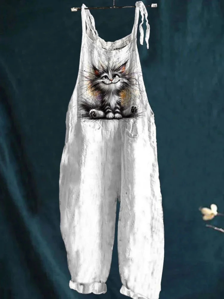 Women's Cat Art Print Colorful Art Casual 100% Cotton Wide Leg Jumpsuit