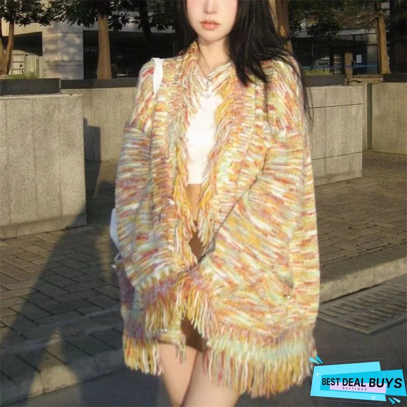 Vintage Multicolor Striped Long Sleeve Casual Knit coat