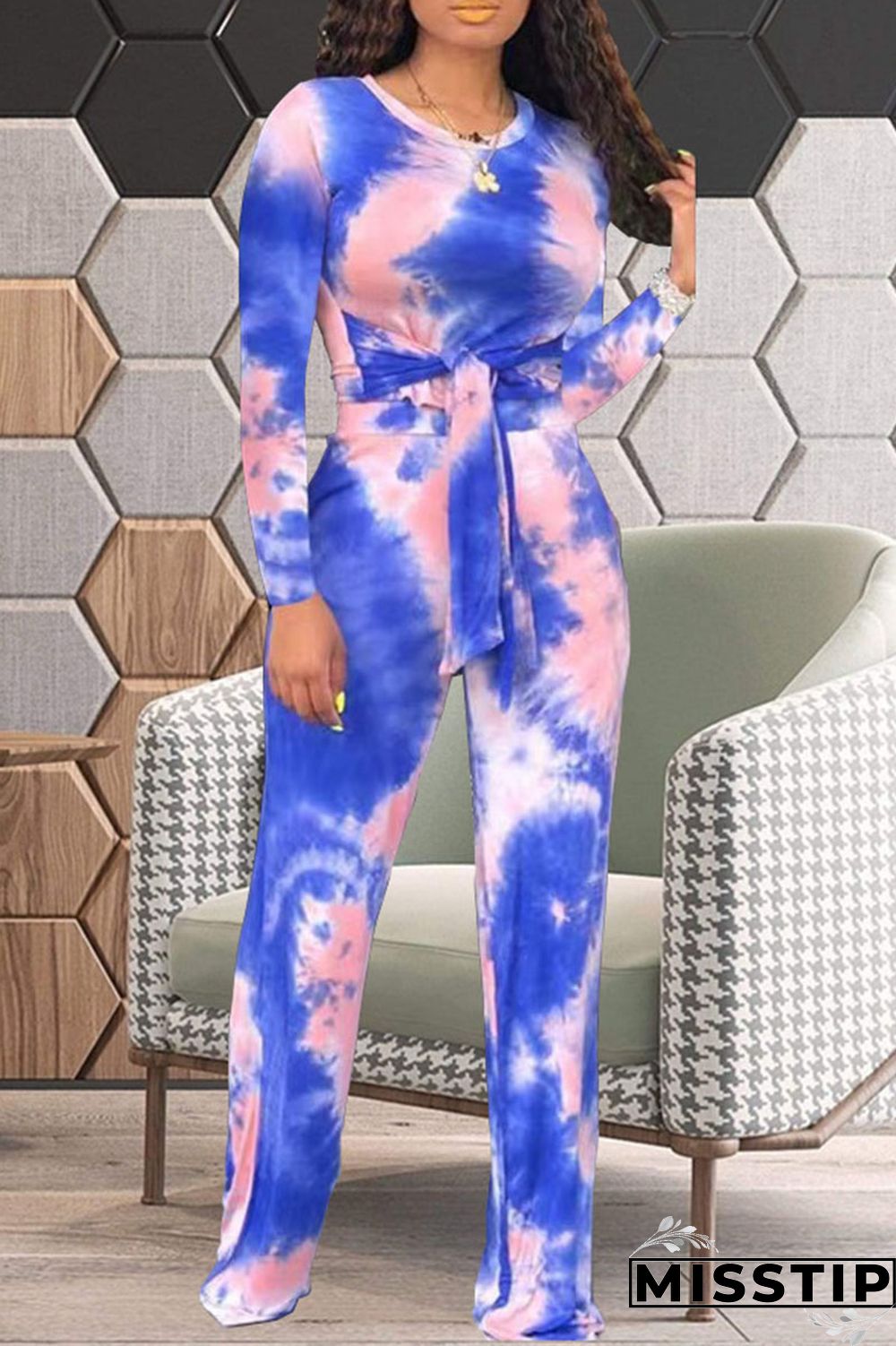 Deep Blue Casual Print Tie-dye O Neck Long Sleeve Two Pieces