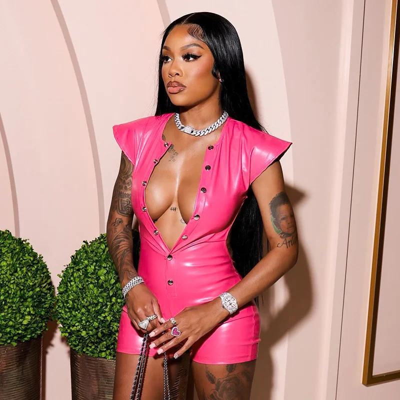 Uveng Uveng Women's Summer New Solid PU Leather Flying Sleeve Round Neck Single Buckle Detonette Back-To-Back Shorts