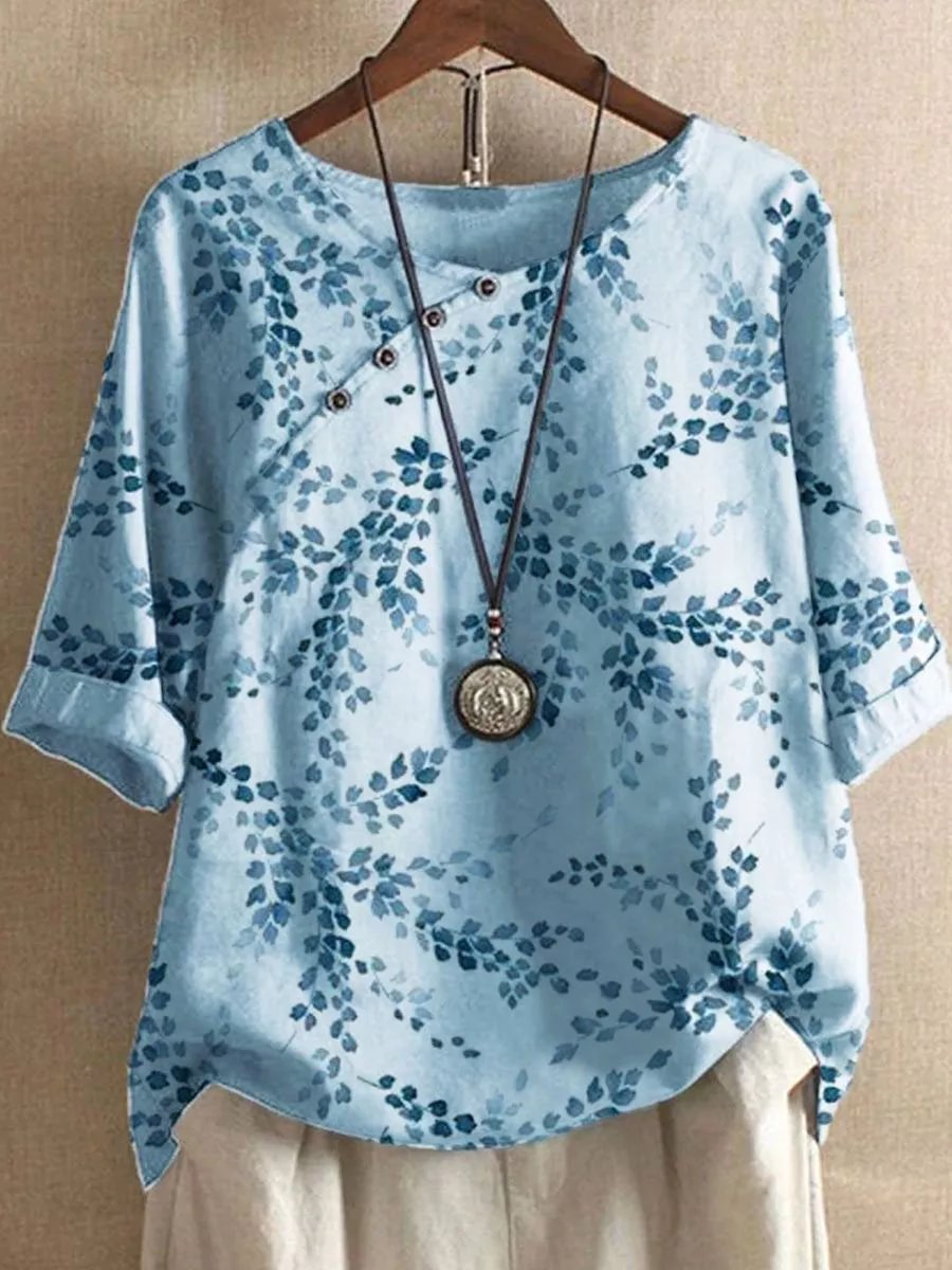 CREW NECK LEAF PRINT SHORT SLEEVED CASUAL BLOUSE