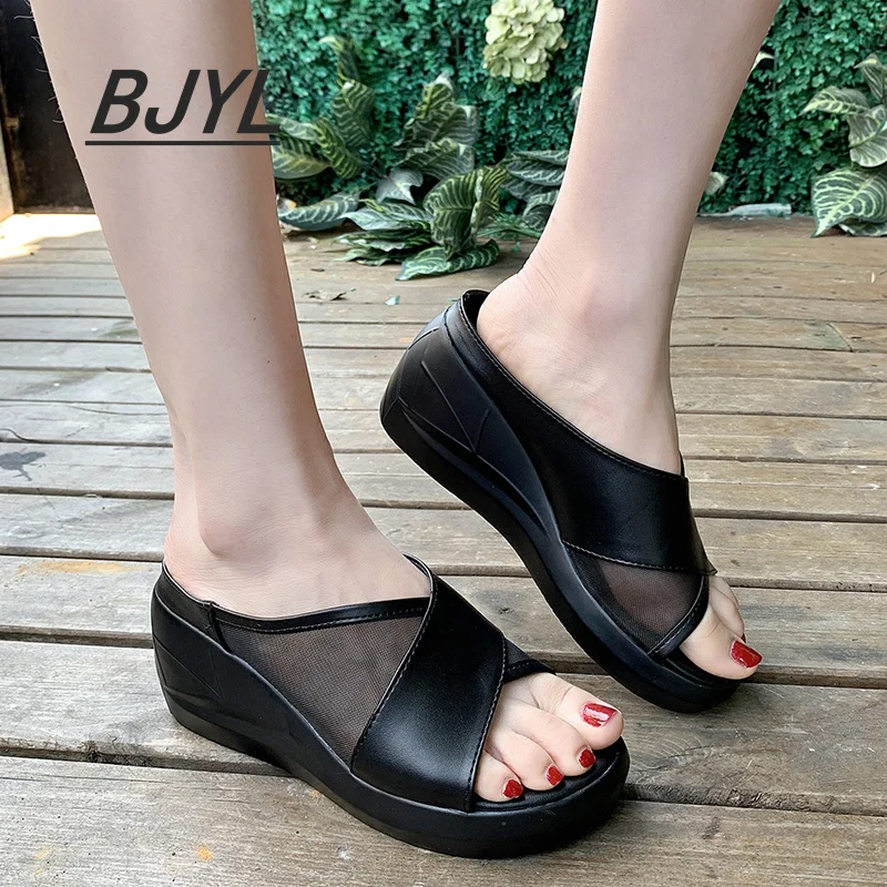 Qengg new one-word trawl gauze thick-soled sandals and slippers women's outer wear fish mouth sandals