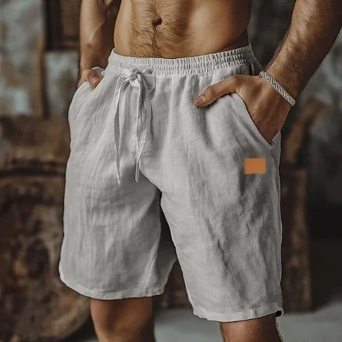 Utbros Men's Vintage Solid Color Cotton And Linen Drawstring Elastic Waist Shorts
