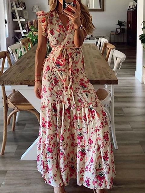 Boho Floral Print V Neck Long Beach Dress Frill Belt Lace Up Beach Cover Up Summer Vacation Beach Wear Women Tunic Honeymoon Lanfubeisi