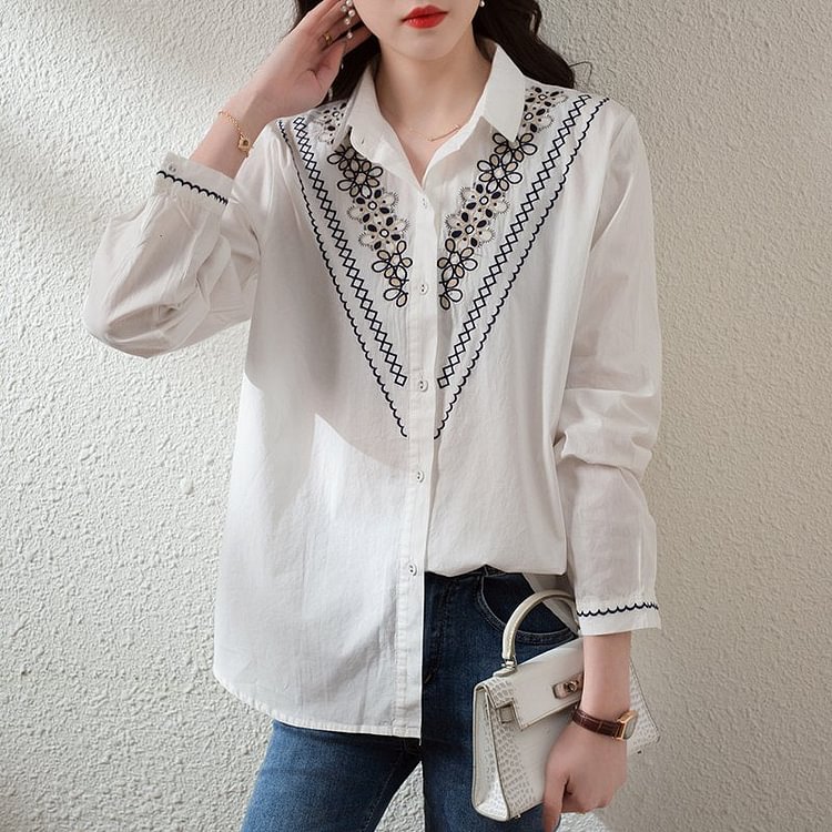 White Shift Embroidered Long Sleeve Cotton-Blend Shirts & Tops
