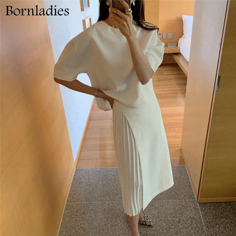 Bornladies Skirt Suits Women Summer Two Piece Set Short Sleeve O-neck T Shirt + High Waist Long Pleated Skirt 2 Piece Outfits