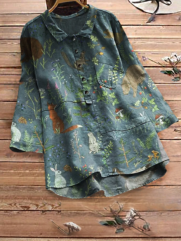 Women's Lapel Vintage Animal Woods Pattern Cotton Blouse