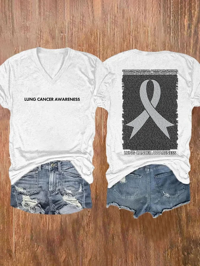 Women's V-Neck Retro Lung Cancer Awareness Ribbon Print T-Shirt socialshop