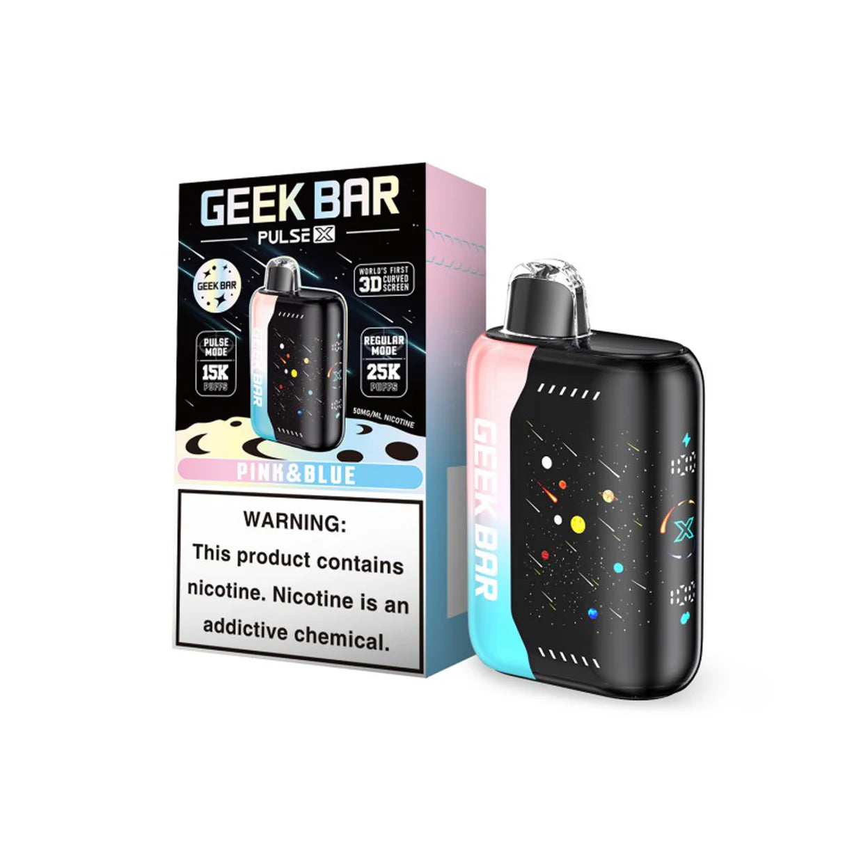 Pink & Blue Geek Bar Pulse X 25K Puff Meteor Edition disposable device.