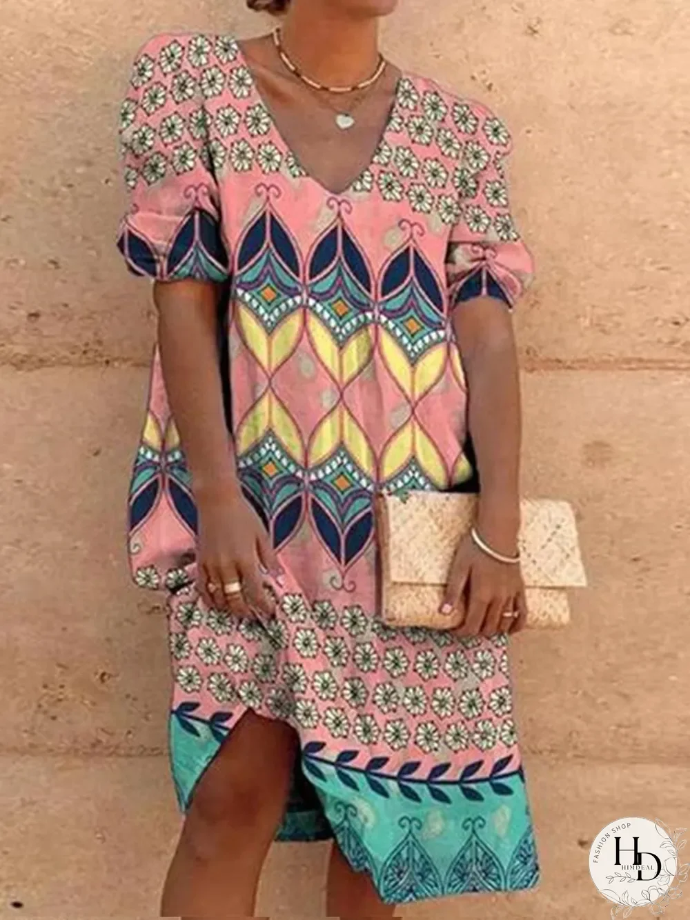 V-neck Tribe Print Half-sleeve Midi Dress P16371