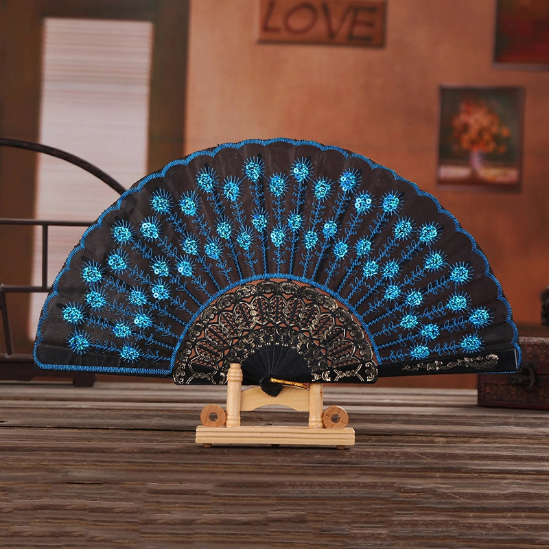 Black Rod Sequin Fan Embroidery Fan Dancing Folding Fan Peacock Fan Gift Folding Fan Fan Wing Chun Fan
