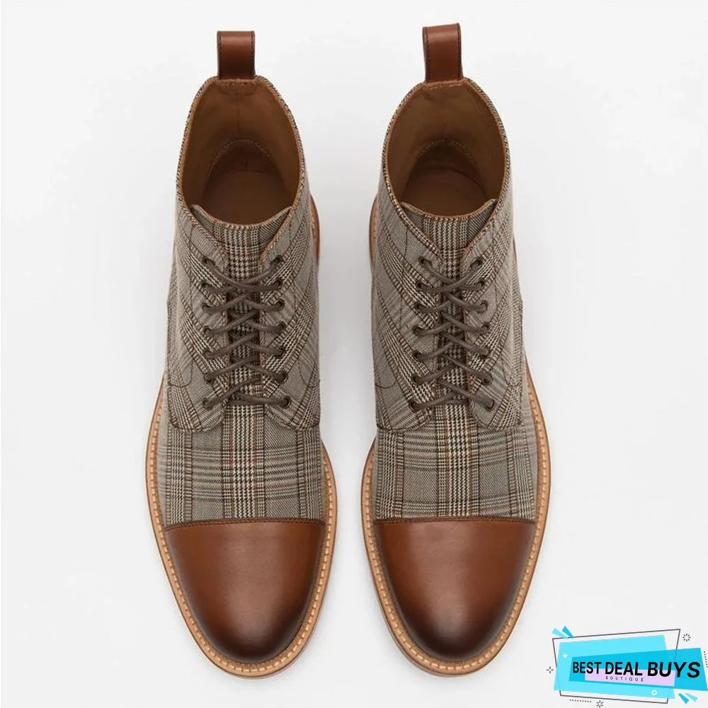 Vintage Genuine Leather Plaid Lace Up Boots