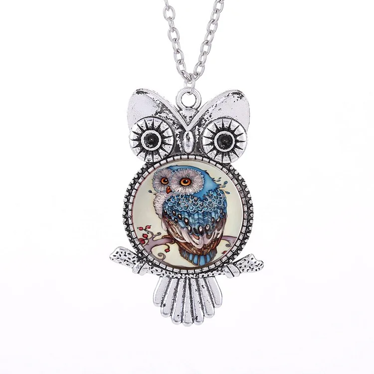 Gold Pendant Owl Time Gemstone Glass Necklace