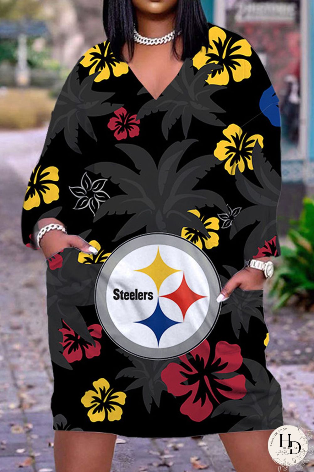 Black Yellow Casual Print Patchwork V Neck Straight Dresses