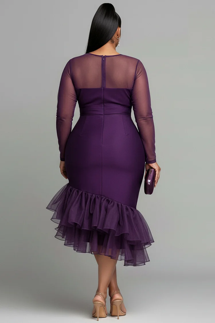 Xpluswear Design Plus Size Cocktail Party Purple Round Neck Long Sleeve Ruffle Elegant See Through Tulle Midi Dresses [Pre-Order]