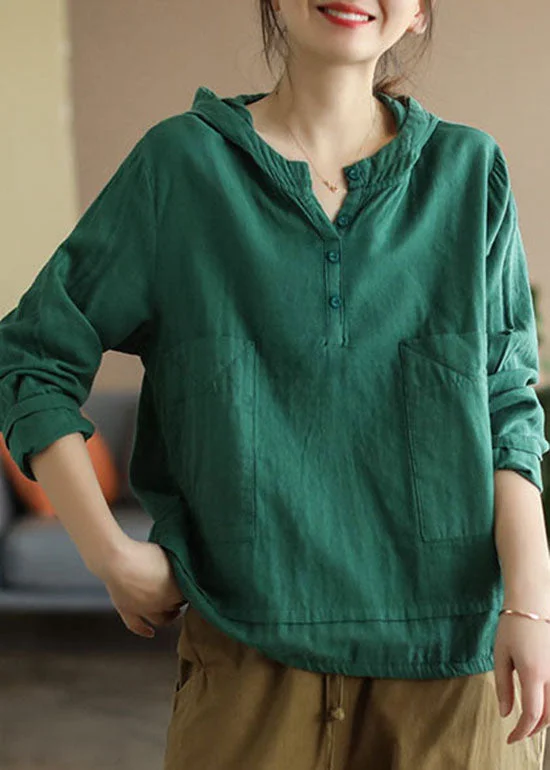 Women Green Button Patchwork Cotton Top Long Sleeve