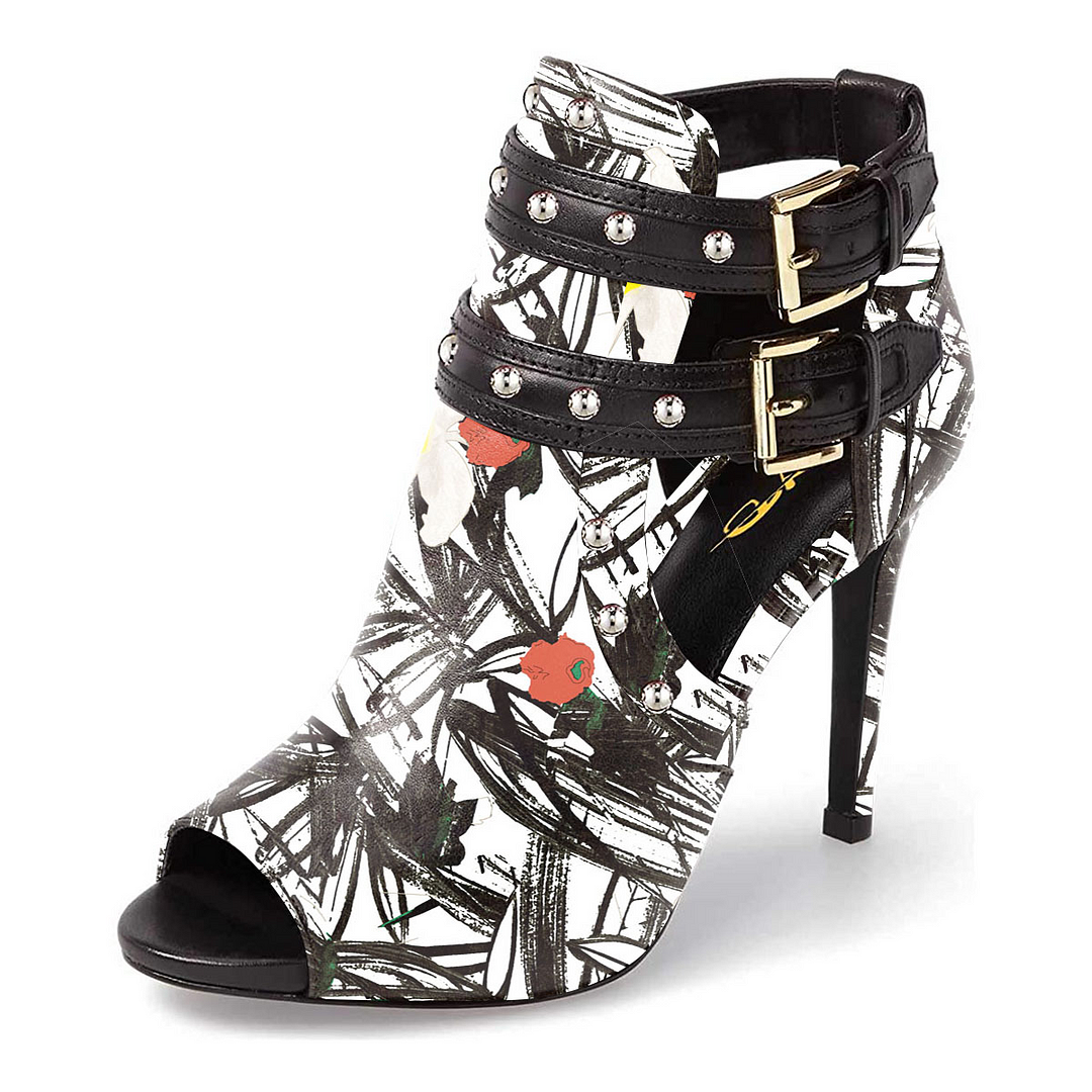 Multicolor  Flower Print Open Toe Ankle Strap Knot Decor Boots Nicepairs