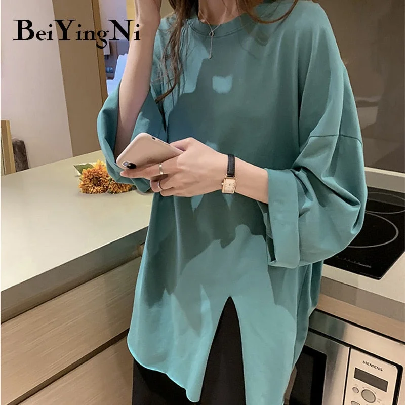 Beiyingni Loose Plus Size T-shirt Female Long Sleeve Casual Vintage Split Tops Woman Spring Autumn BF Cotton Plain T Shirt Women