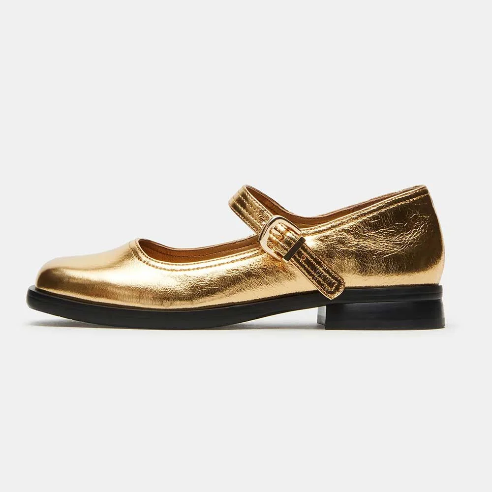 Gold Metallic Finish Square Toe Mary Jane Flats with Buckle Strap
