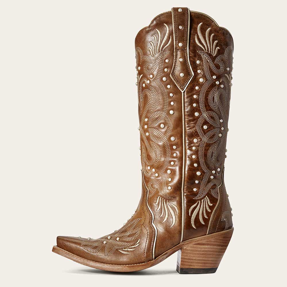 Brown Snip Toe Chunky Heel Embroidered Cowgirl Boots with Pearl Decor Nicepairs