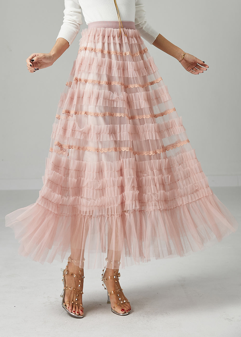 VCSHOES Pink Ruffled Exra Large Hem Tulle Skirt Fall