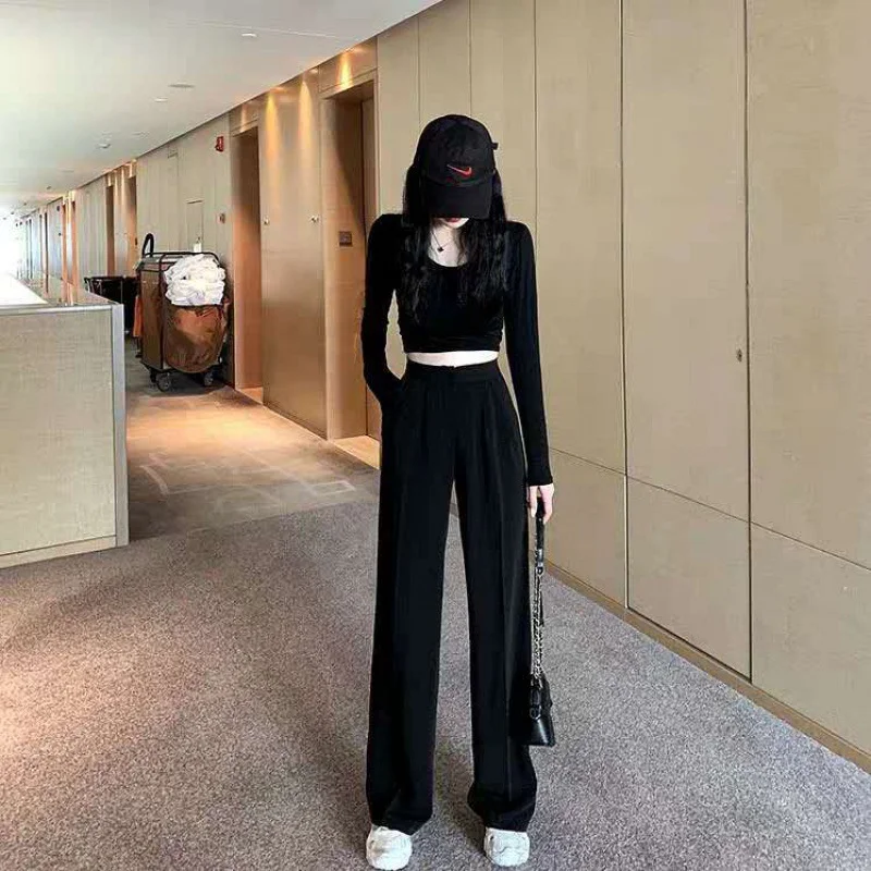 Toloer Toloer Waist Wide Leg Pants Women's Pants Autumn Hanging Feeling Loose Versatile Black Thin Suit Pants Casual Straight Leg Floor Pants-Outfit Ideas