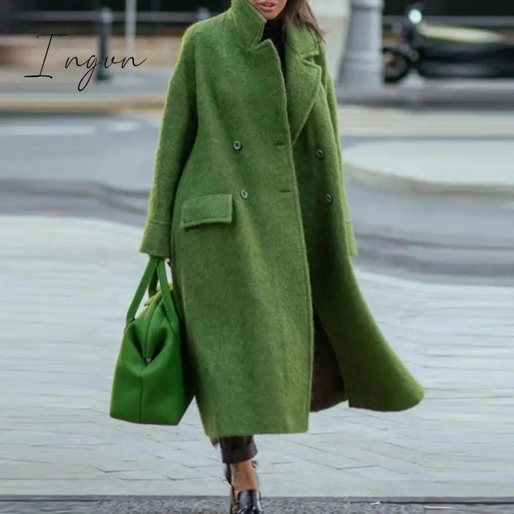 Ingvn - Trends Hot Sale Autumn Winter Long Sleeve Pocket Green Outwear Casual Loose Blend Wool