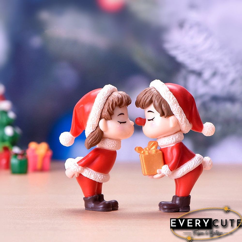 2Pcs/Set Lovely Mini Christmas Couple Dolls Landscape Ornaments Resin Figurines Fairy Garden Bonsai Dollhouse Decoration