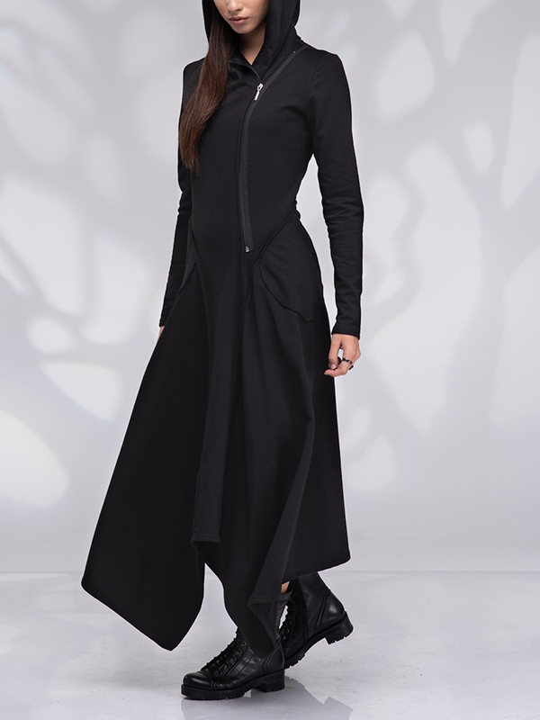 Long Sleeve Hooded Patchwork Irregular Midi Dress