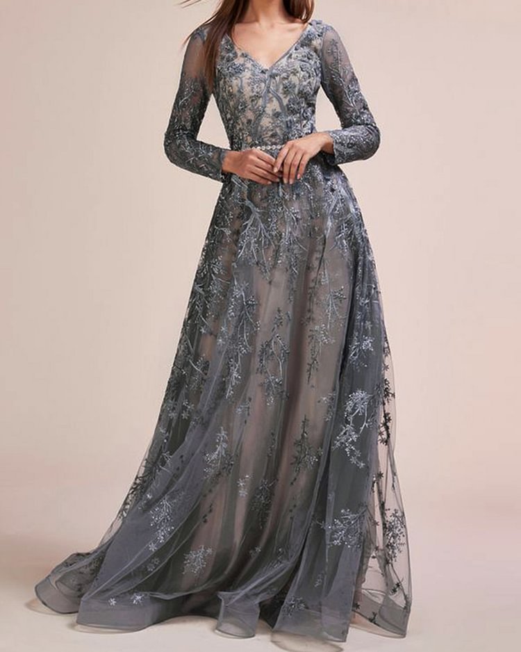 Gown Mesh lace maxi dress V-neck