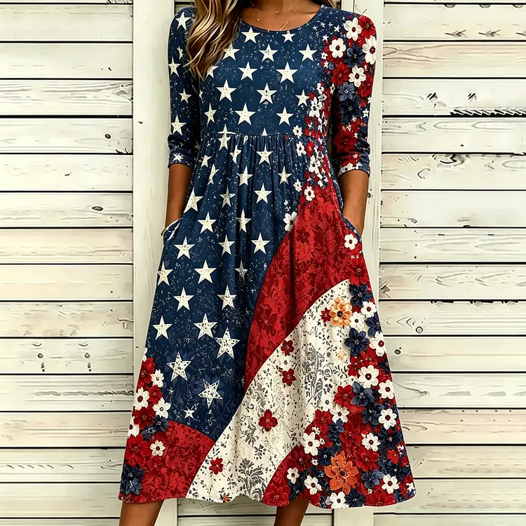 Women's Vintage American Flag And Floral Print Dress