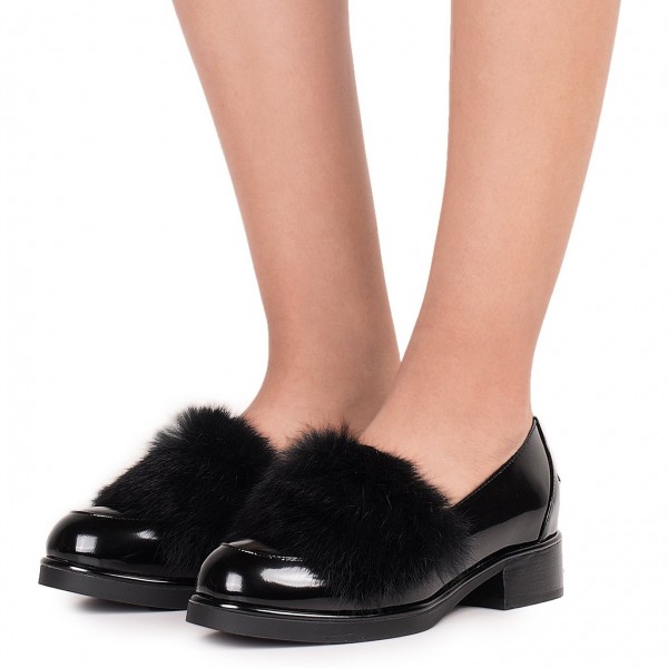 Black Patent Leather Furry Decorated Classic Loafer Shoes Women Nicepairs