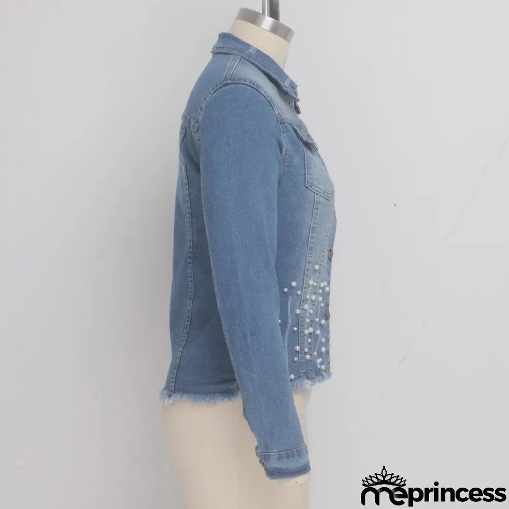 Casual Pearls Long Sleeves Denim Jacket Coat