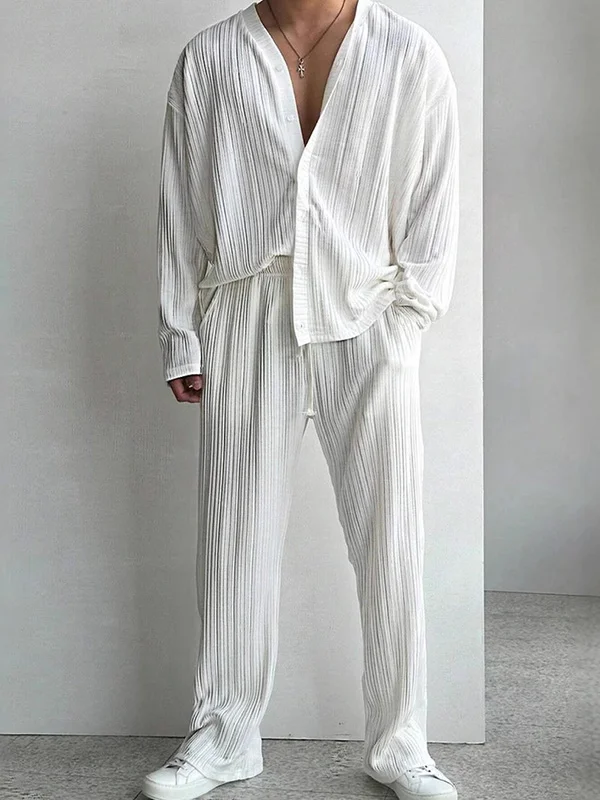 Men's Solid Color Ribbed Long Sleeve Shirt Pants Matching Set