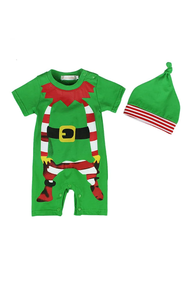 Cute Crew Neck Short Sleeve Infant Boys Christmas Santa Romper Green-elleschic