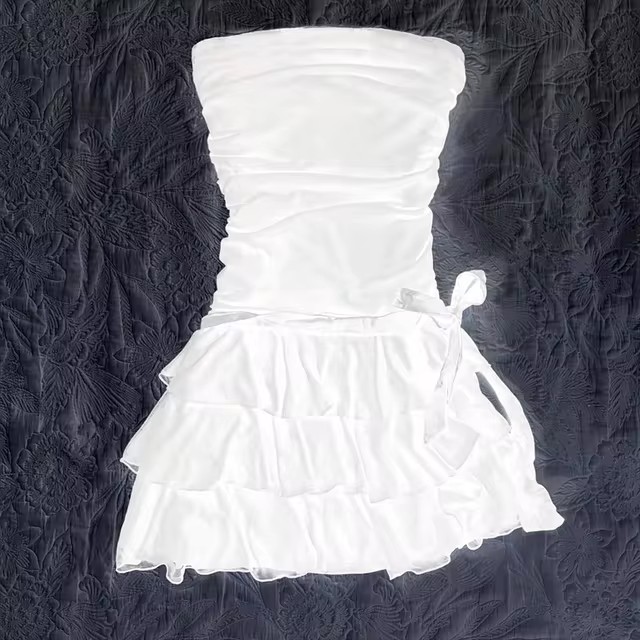 Aonga Solid color bow decoration dress fashion lace edge casual Y2K top emotional girl urban beauty chic slim sweet street women dress aonga